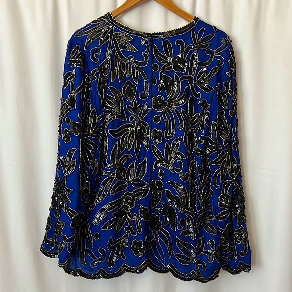 Stenay Beautiful Royal Blue Beaded and Sequined 💯% Silk Top Shirt **Size 1X** - Picture 2 of 5
